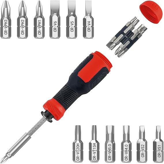 Multi-bit Screwdriver, 13-in-1 Screw Driver Adjustable Mini Screwdriver Set Multitool All in One with Torx Security, Phillips, Hex, Flat Head, Square and 1/4 Nut Driver (Red)