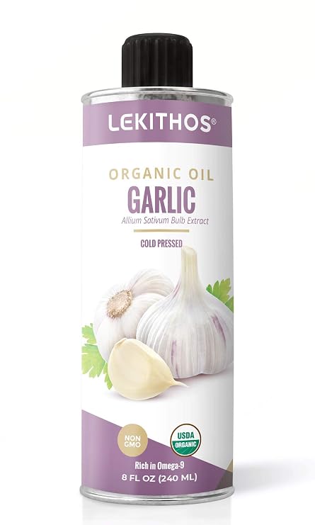 Lekithos Organic Garlic Oil - 8 fl. oz. - Olive Oil Infused with Garlic - Cold Pressed, Certified USDA Organic, Non-GMO