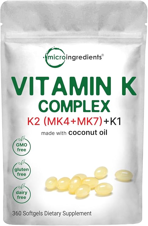 Micro Ingredients Super Vitamin K Complex (K2 MK7 + MK4 & K1), 360 Coconut Oil Softgels | Easily Absorbed K Vitamins, Active Menaquinone Complex | Non-GMO