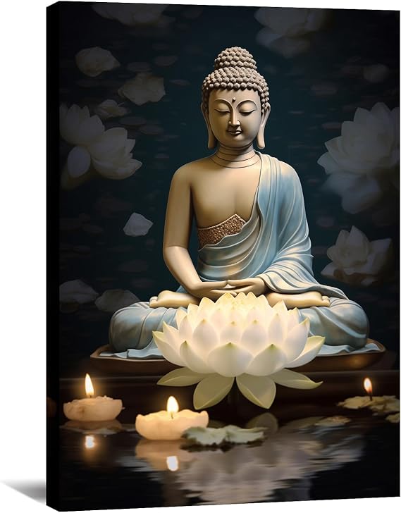 KPLUNDO Buddha Wall Art Lotus Canvas Print Zen Wall Decor Candle Picture Meditation Painting Relax Artwork for Bathroom Living Room Office Home Decor Frame Gallery Wrap(Art-3,16.00x24.00 inch)