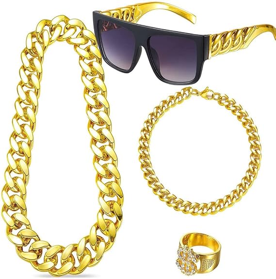 6 Pack 80s 90s Hip Hip Costume Outfit Kit Bucket Hat Fake Gold Chain Sunglasses Dollar Sign Finger Ring Earring Hoop