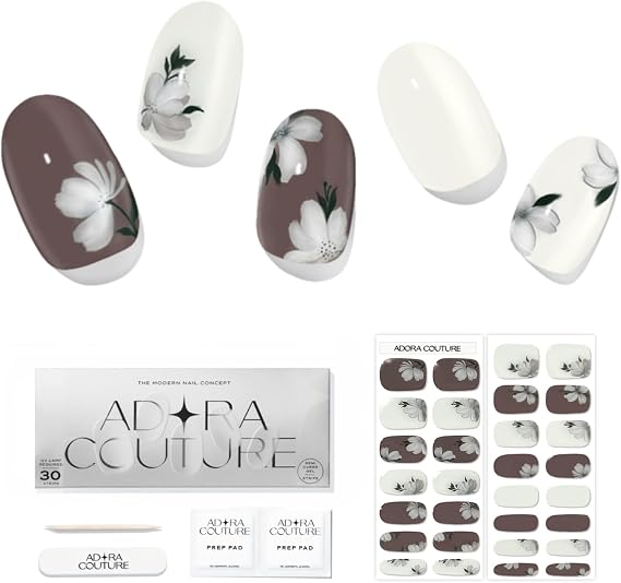 Adora Couture Semi Cured Gel Nail Strips with 30 Pieces - Salon Quality Manicure Kit for Women Easy Application Wraps Includes Prep Pads Nail File Wooden Stick, UV Light Required (Ivory Magnolia)