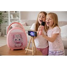 Çocuklara Özel Tasarımlı Bluetooth Karaoke Mikrofon ve Ahşap Tripodlu Pembe