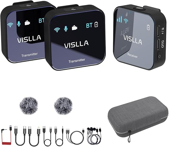 Vislla Wireless Lavalier Microphone System, DSP Active Noise Cancelling,24H Battery Life, 656ft Range,Professional Lapel Wireless Microphones for DSLR/Camera, YouTube, TikTok, Vlogging & Streaming