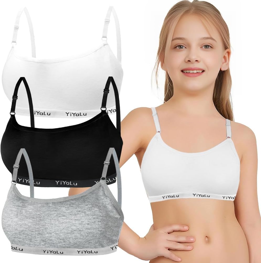 Sports Bra for Girls 3 Pieces Training Bras Sports Underwear with Removable Bust Pad and Adjustable Strap for Teenage Girls 10-14 Years