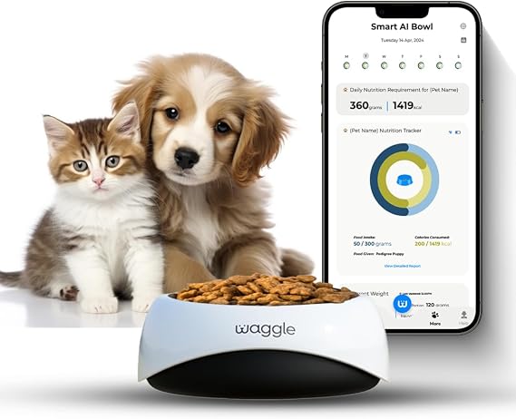 Waggle Smart Pet Feeder with Portions & Nutrition Tracking Mobile App, WiFi Enabled, USB Rechargeable, 5.5 lb Bowl Capacity with Slow Feeder Suits Dry/Wet Foods, Ideal for maintaining pet's Health