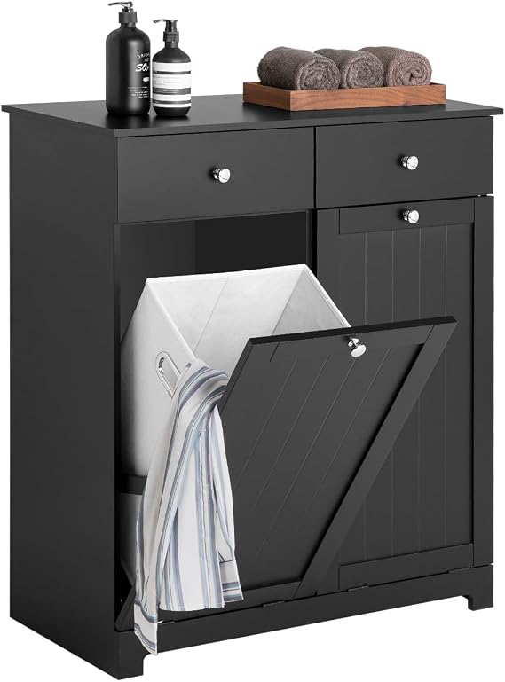 Haotian Laundry Hamper Cabinet, 2 Baskets, 35.4 x 14.5 x 29.5 in, Black