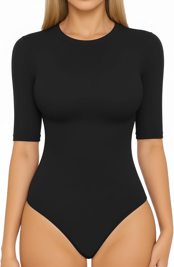 ALGALAROUND Women's Half Sleeve Crew Neck Bodysuit 3/4 Sleeve Body Suit Slim Fit Going Out Tops