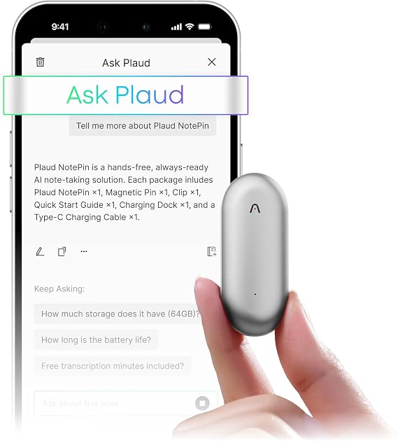 AI Ses Kayıt Cihazı, PLAUD NotePin Ses Kayıt Cihazı, Uygulama Kontrolü, AI Not Alıcısı, AI Transcribe & Özetle, 112 Dil Desteği, 64 GB Bellek, Dersler için Ses Kaydedici, Toplantılar, Ay Gümüşü