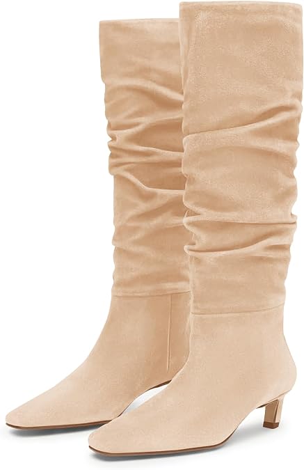 Coutgo Womens Slouchy Knee High Boots Low Kitten Heel Square Toe Tall Boots Fall Winter Shoes