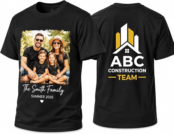 Personalised T Shirt Custom Design Front Back, 180GSM Cotton Customised T-Shirt Men Women, Personalised Gifts for Birthday, Workwear, Stag Do (Black)