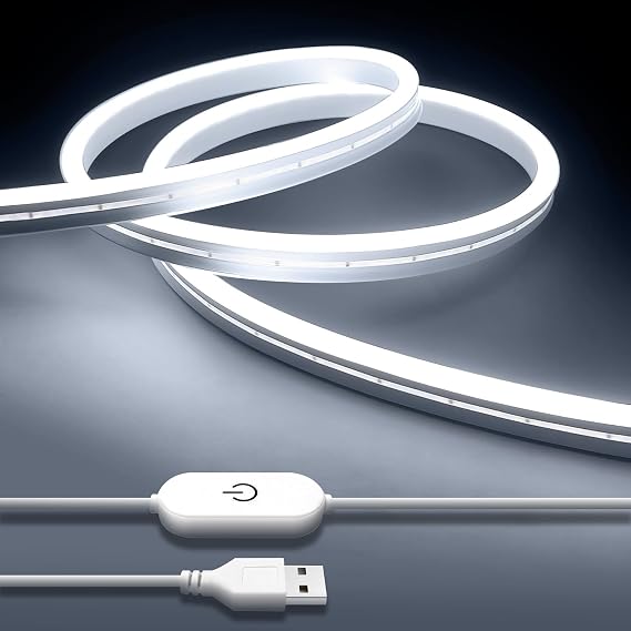 iNextStation USB LED Neon Lights Strip White, 6.6ft 5V Neon Rope Lights Waterproof Flexible Dimmable LED Neon Tape Lights for TV Backlight, Bedroom, Cabinet, Kitchen, DIY Lighting