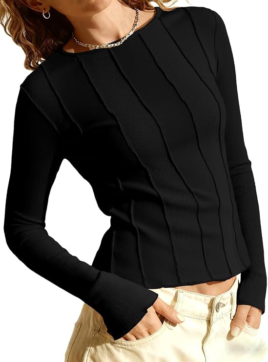 Tankaneo Womens Fitted Long Sleeve Shirts Ribbed Knit Going Out Tops Y2k Trendy Casual Crew Neck Tees Shirts