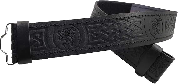 AAR Kilt Belt for Men Leather Black Rampart Lion Embossed Design Scottish Highland S-2XL