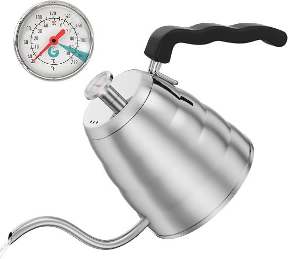 Coffee Gator Gooseneck Kettle with Thermometer - 40oz Premium Stainless Steel Pour Over Coffee Maker Kettles, Stove Top, wPrecision Drip Spout, for Drip Coffee, French Press, Tea Kettle, 5 Cup, 1.2L