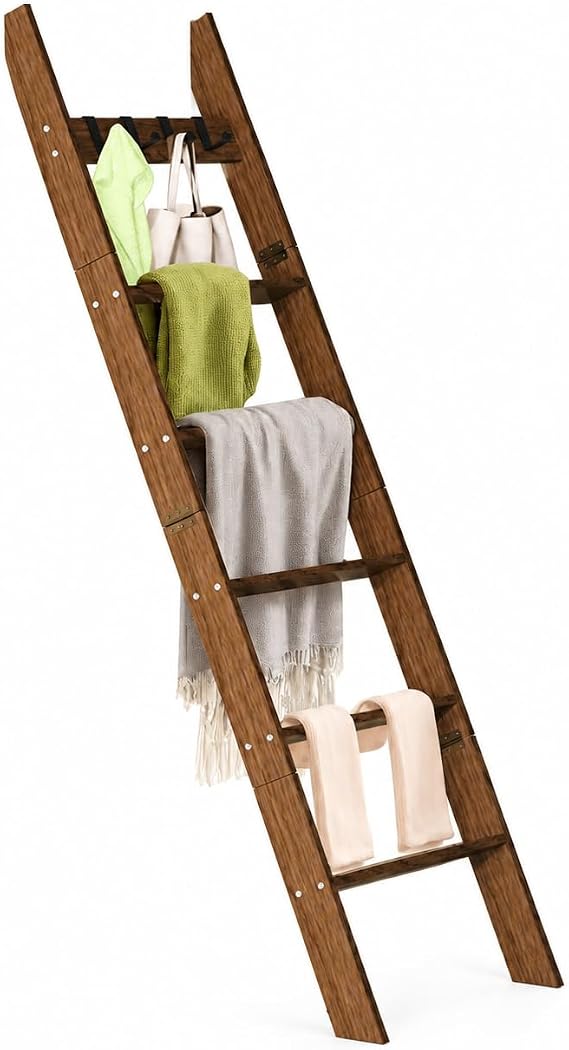 6-Tier Blanket Ladder for Living Room 5.6FT Pine Wood Quilt Rack Shelf