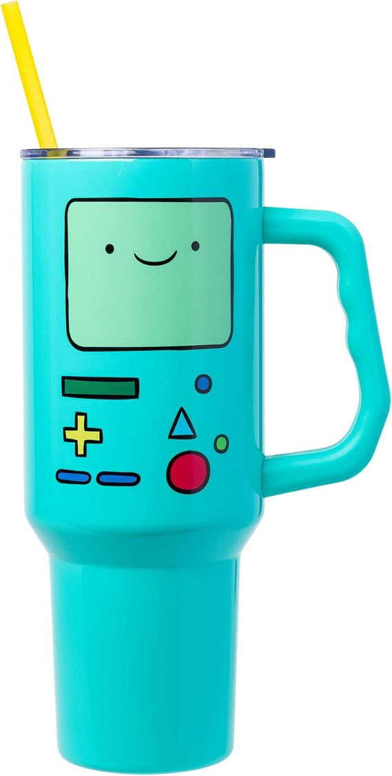 Silver Buffalo Adventure Time Featuring BMO Double Walled Stainless Steel Tumbler with Handle and Straw, Fits in Standard Cup Holder, 40 Ounces