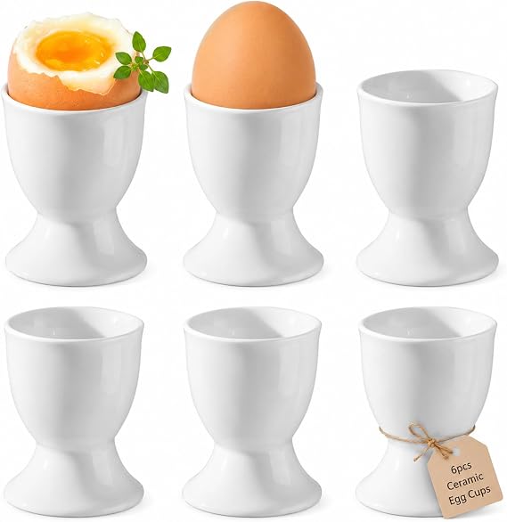 6pcs Ceramic Egg Cups, Porcelain Egg Stand Holders, for Party Table Decoration Home Breakfast Cooking, Microwave Oven Safe, White