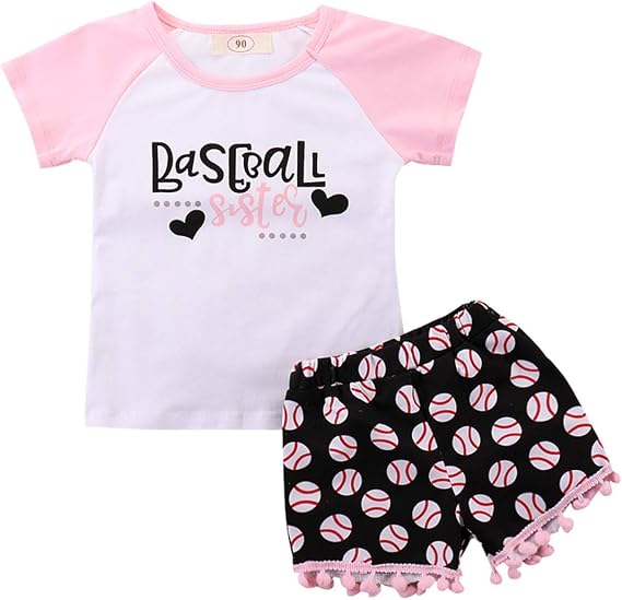 Toddler Baby Girl Outfits Clothes Baseball Sister Print Short Sleeve T-Shirt Tops + Tassel Floral Short Pant Set