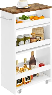 IBUYKE Slim Storage Cart 7.9 W, Rolling Kitchen Storage cart on Wheels for Small Spaces, 4-Tier Laundry Cart with Handle, Slide Out Utility Cart for Kitchen, Bathroom, Laundry,White UWST005W-L