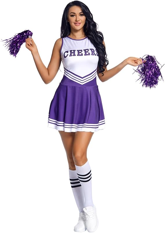 Charque Women's School Musical Party Halloween Cheerleader Costume Fancy Dress Uniform Outfit with Cheer Pom Poms and Socks