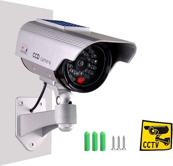 Dummy Fake Security Camera, Solar Powered Fake Surveillance Camera Flash LED Dummy Bullet Simulated CCTV Camera, Suitable for Indoor Outdoor Use at Home, Office, Shop, Garage - Silver Color