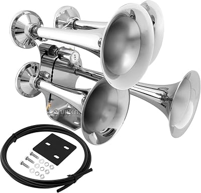 Vixen Horns Train Horn for TruckCar. 4 Air Horn Chrome Plated Heavy Duty Trumpets. Super Loud dB. Fits 12v Vehicles like SemiPickupJeepRVSUV VXH4318