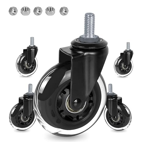 3" Thread Screw in Office Chair Caster Wheels, 3/8"-16x1(Not Metric M10), Safe for All Floors, PU Rubber Furniture,Carts Stem Caster Wheels,No Scratch,650Lbs Weight Capacity