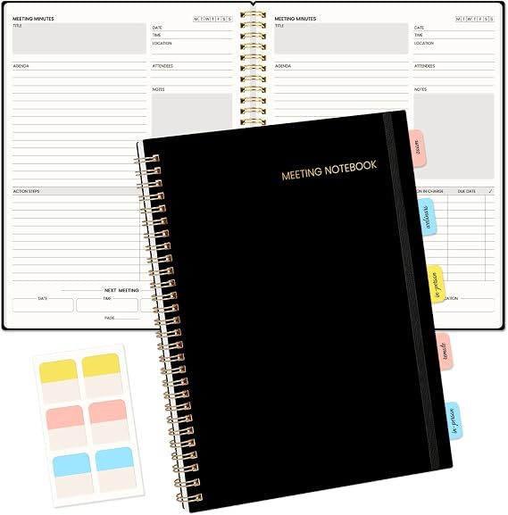 SUNEE Meeting Notebook for Work with Sticky Tabs - 160 Pages, B5 Size Project Planner, Spiral Meeting Agenda/Minutes Notebook Organizer for Women Men, Note Taking, Office & Business, 7"x10", Black