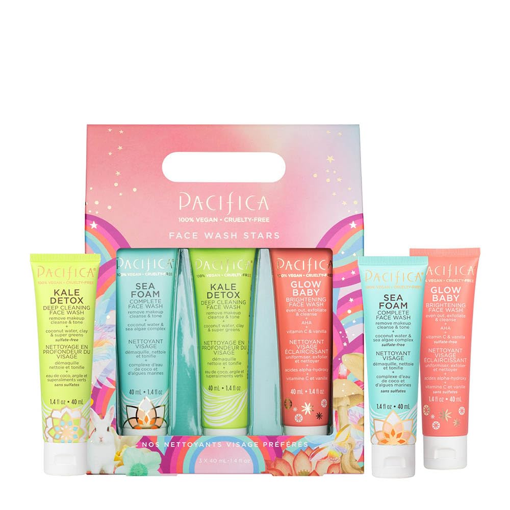 Pacifica Beauty, Face Wash Trial Set, Travel Size Toiletries, Sea Foam, Glow Baby, Kale Detox Cleanser, Holiday Gift Set, Skincare Stocking Stuffer, Coconut and Vitamin C, Vegan, 3 Count