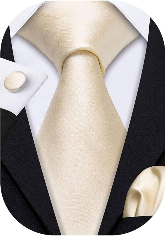 Barry.Wang Plain Men Silk Ties Long Satin Necktie Handkerchief Cufflinks