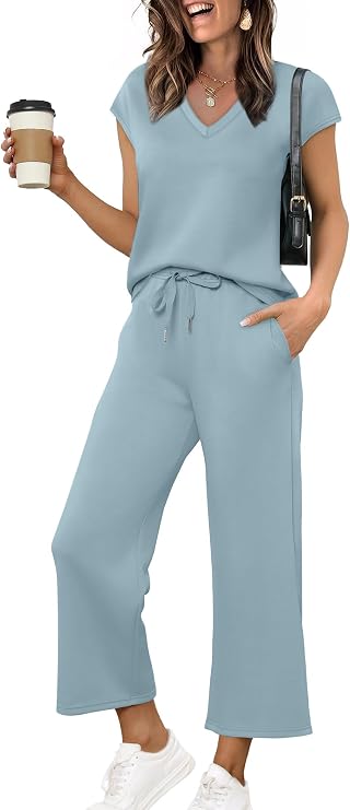 Saloogoe Palazzo Pants for Women Casual Summer Travel Outifts Wide Leg Pants Woman Matching Sets Women Clothing Two Piece Workout Sets Airport Outfits Lake Blue S