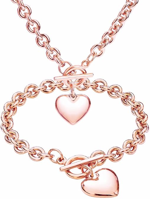 Silver 18k Gold Rose Gold Plated Charm Chunky Stainless Steel Chain Heart Toggle Choker Bracelet Necklace Set for Womens Fashion Valentine Jewelry Set