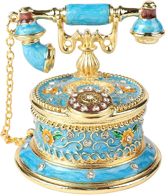QIFU Hand Painted Sky Bule Telephone Figurine Trinket Box Hinged Unique Gift for Family
