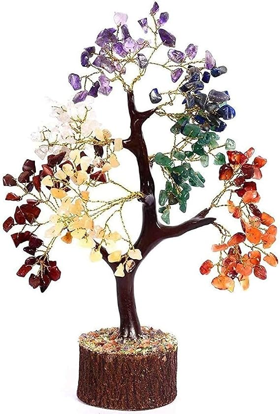 7 Chakra tree Crystal Bonsai Fortune Money Tree for Wealth & Prosperity-Home Office Decor Spiritual Gift with Golden Wire and 300 Beads Size 10-12 Inches (7 Chakra Golden300 Beads)