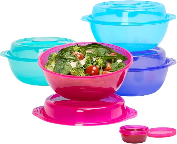 Bentgo Easyboxes Salad-to-Go Containers - 8-Piece Set: 4 Bowls, Leak-Proof Dressing Cups Built-In & 4 Fitted Lids Seal in Freshness; Reusable/BPA-Free for Salad, Pasta, Cereal (Jewel Brights)