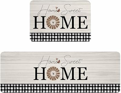 Home Windmill Black Plaid Kitchen Rugs and Mats Set of 2, Non-Slip Kitchen Sink Mat, Beige Wooden Farmhouse Doormat Bathroom Rugs Runner for BedroomLiving Room 19.7x23.619.7x47.2