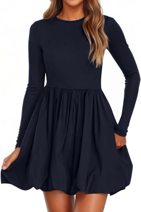 PRETTYGARDEN Fall Dresses for Women 2026 Casual Long Sleeve Bubble Cute Crew Neck A Line Mini Short Dress with Pockets