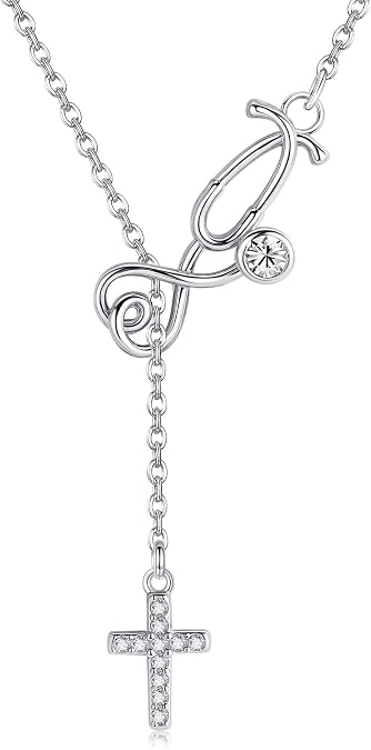 Nurse Necklaces for Women 925 Sterling Silver Stethoscope Cross Y Necklace Nursing School Graduation Jewelry Gifts for Women Nurses