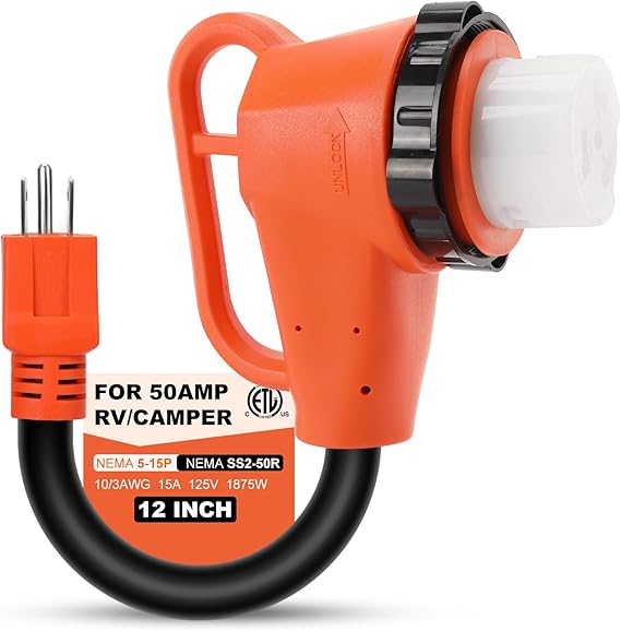 50 Amp to 110 Volt RV Adapter Plug with Locking Connector, NEMA 5-15P to NEMA SS2-50R Electrical Power Adapter with Upgraded Grip Handle, ETL Listed,