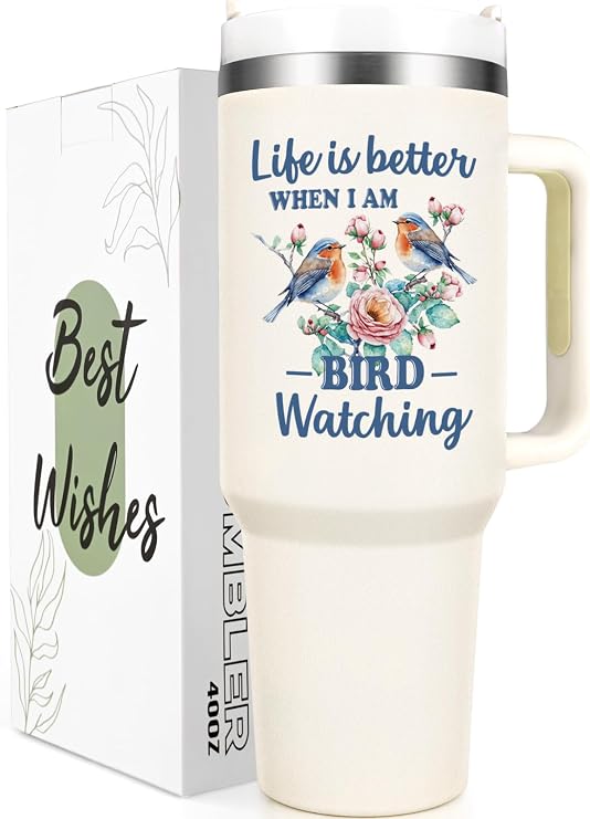Qtencas Bird Watching Gifts, Bird Gifts for Women, Birds Lover Gift Insulated Tumbler, Birthday Christmas Gift for Birds Lovers Women (40 Oz, Creamy)