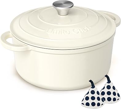 Umite Chef Enameled Cast Iron Dutch Oven-7QT Pot with Lid Cookbook & Cotton, Heavy-Duty Cookware for for Bread Baking, Braising, Stews, Marinate, CookCream White