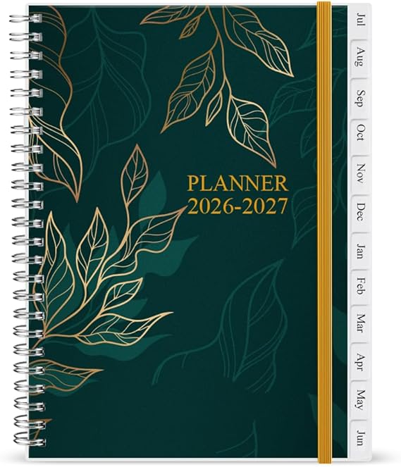 2026-2027 Diary/Planner, July 2026 - June 2027, A5 Weekly Monthly Planner with 12 Monthly Tabs, Back Pocket, Planner 2026-2027 with Elastic Closure, Flexible Cover, 14.8×21cm, Green