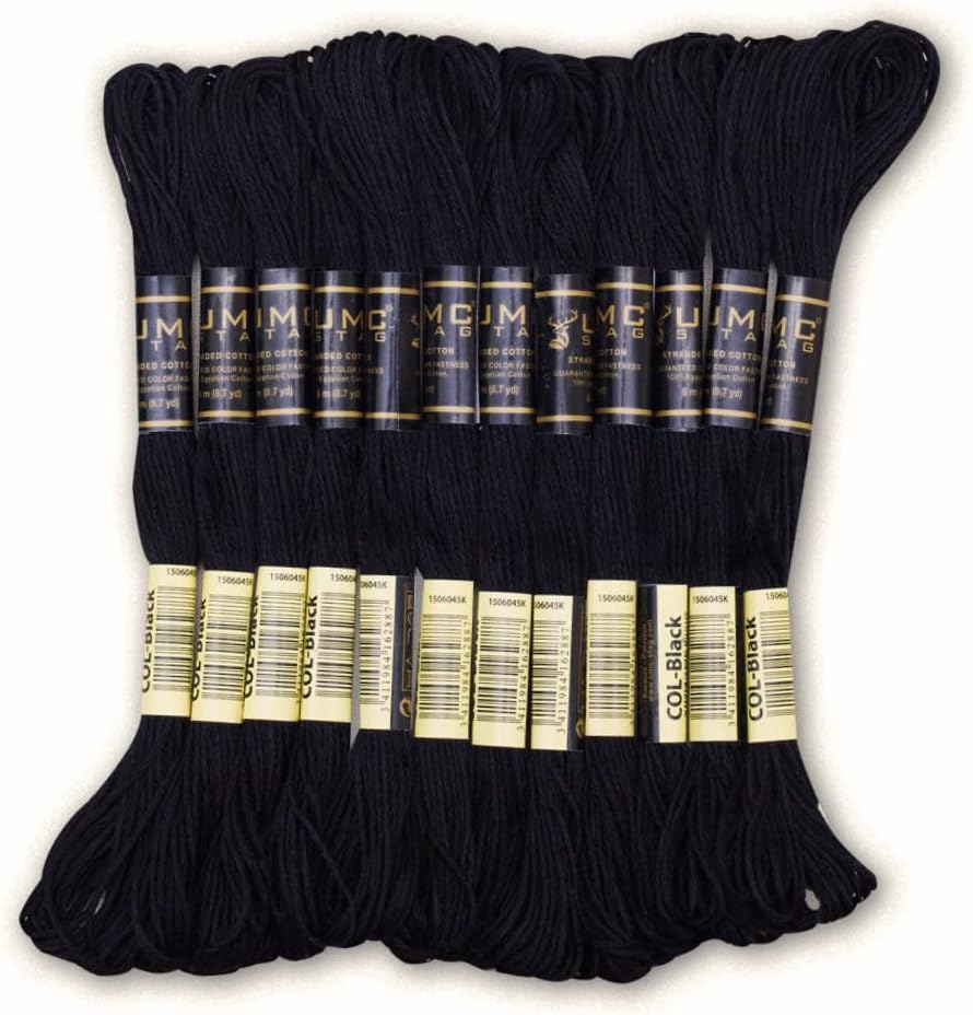 Pack of 12 Black Premium Embroidery Threads | 100% Egyptian Cotton Premium Skeins | Cross Stitch Embroidery Floss | Oeko TEX Certified Stranded Cotton | Ideal for Arts & Crafts Black-12