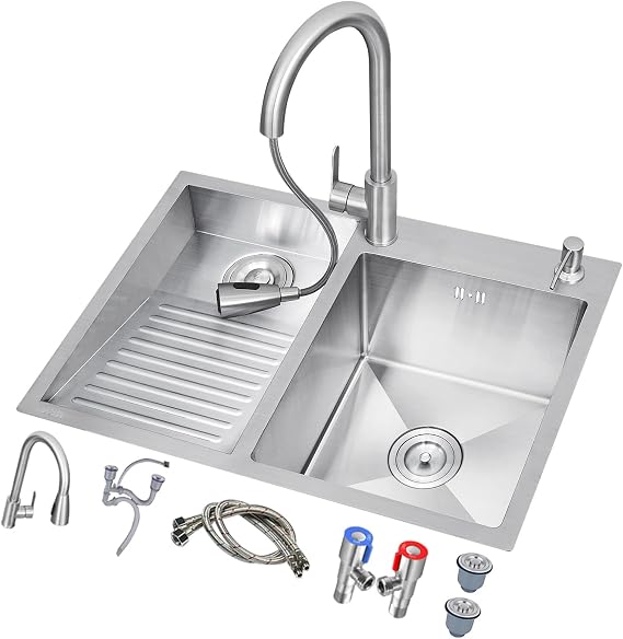 Household Laundry Sink with Washboard,Balcony Stainless Steel Laundry Sink,Bathroom Double Bowl Laundry Sink,with Pull-Out Faucet (Color : Left, Size : 60x48x22cm)