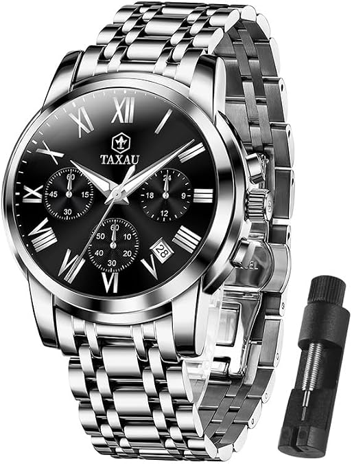 Taxau Stainless Steel Mens Watches with Day Date Quartz Analog Large Face Classic Watch Arabic Numerals Dress Luminous Rlojes para Hombres