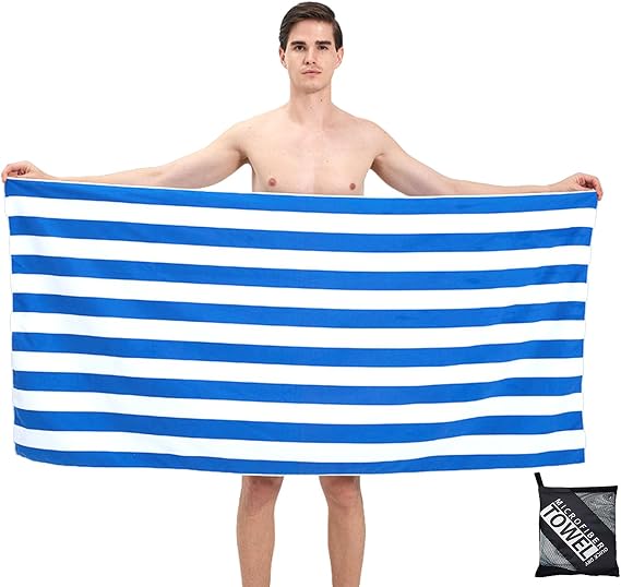 Large Thin Microfibre Beach Towel with Bag for Adult Men Women,160x90cm Blue Stripe Beach Towels Quick Dry Sand Free Lightweight Swim Bath Towel for Travel,Swimming,Pool,Holiday,Camping,Yoga,Gym Sport