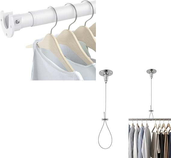 Closet Rods for Hanging Clothes, 17 to 39 Inch Heavy Duty Stepless Adjustable Closet Hanging Rod, Ceiling Support Closet Rod Bracket, Adjustable Closet Rod Holder