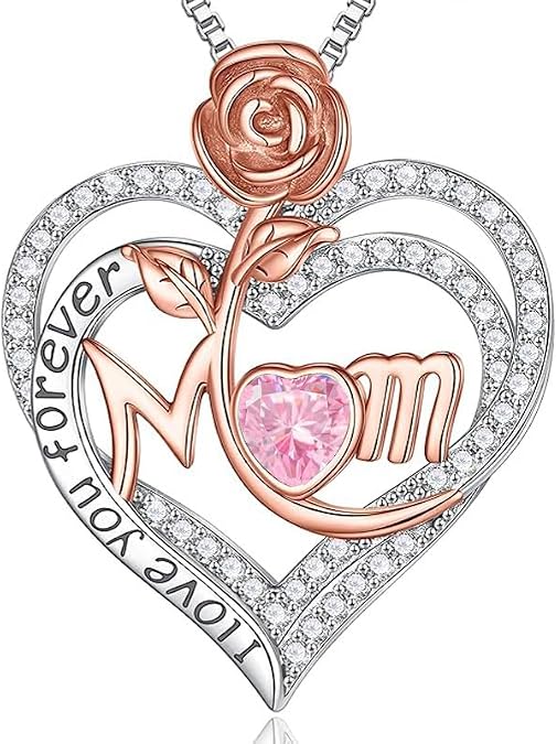 Mom Necklace Rose Heart Birthstone S925 Sterling Silve