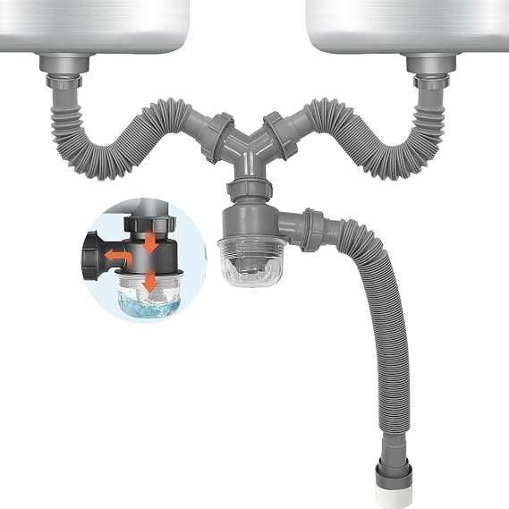 Double Sink Waste Kit Expandable Flexible 1 1/2 Inch P-Trap with Visible Removable Easy-Clean Water Seal Anti-Odor Cup for Bathroom, Kitchen Sink Waste Pipe Kit